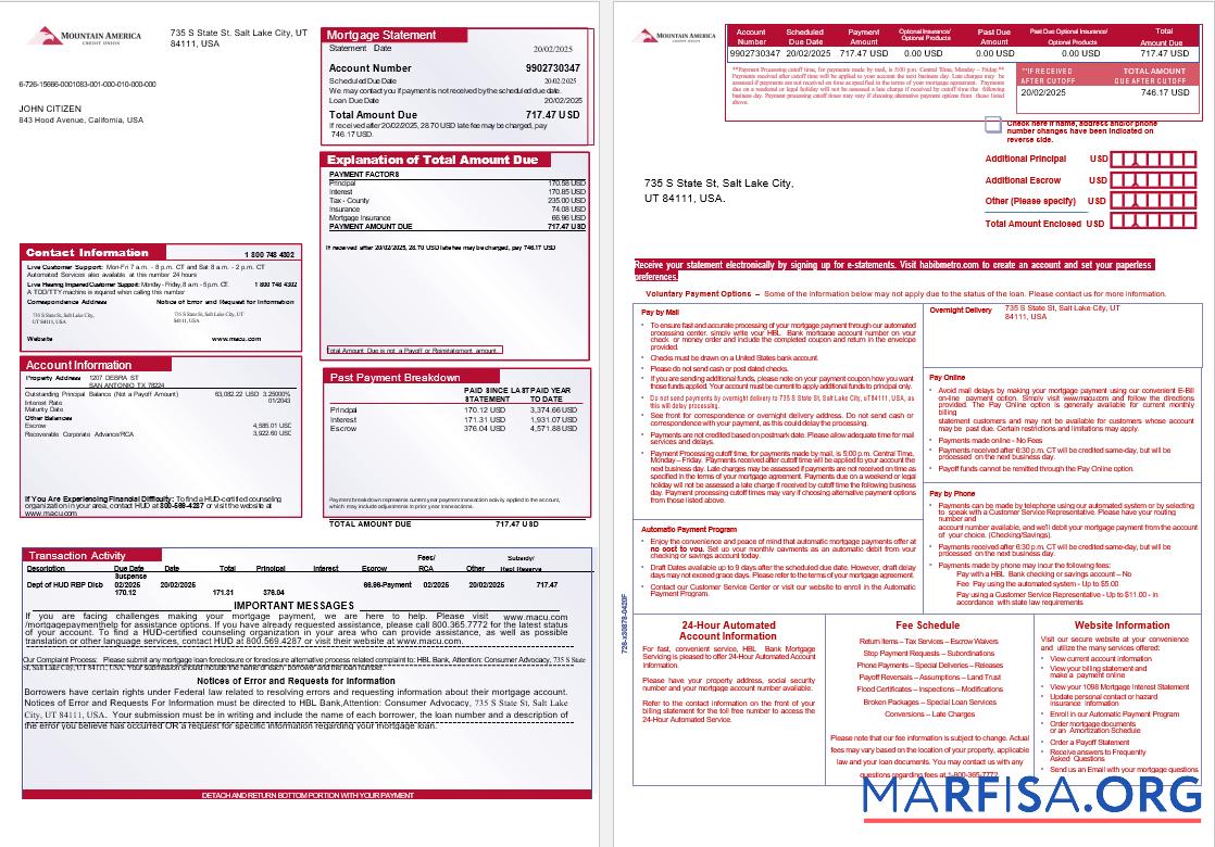 Downloadable USA Mountain America Credit Union bank mortgage statement in Word and PDF formats, 3 pages 1 2 download for verification